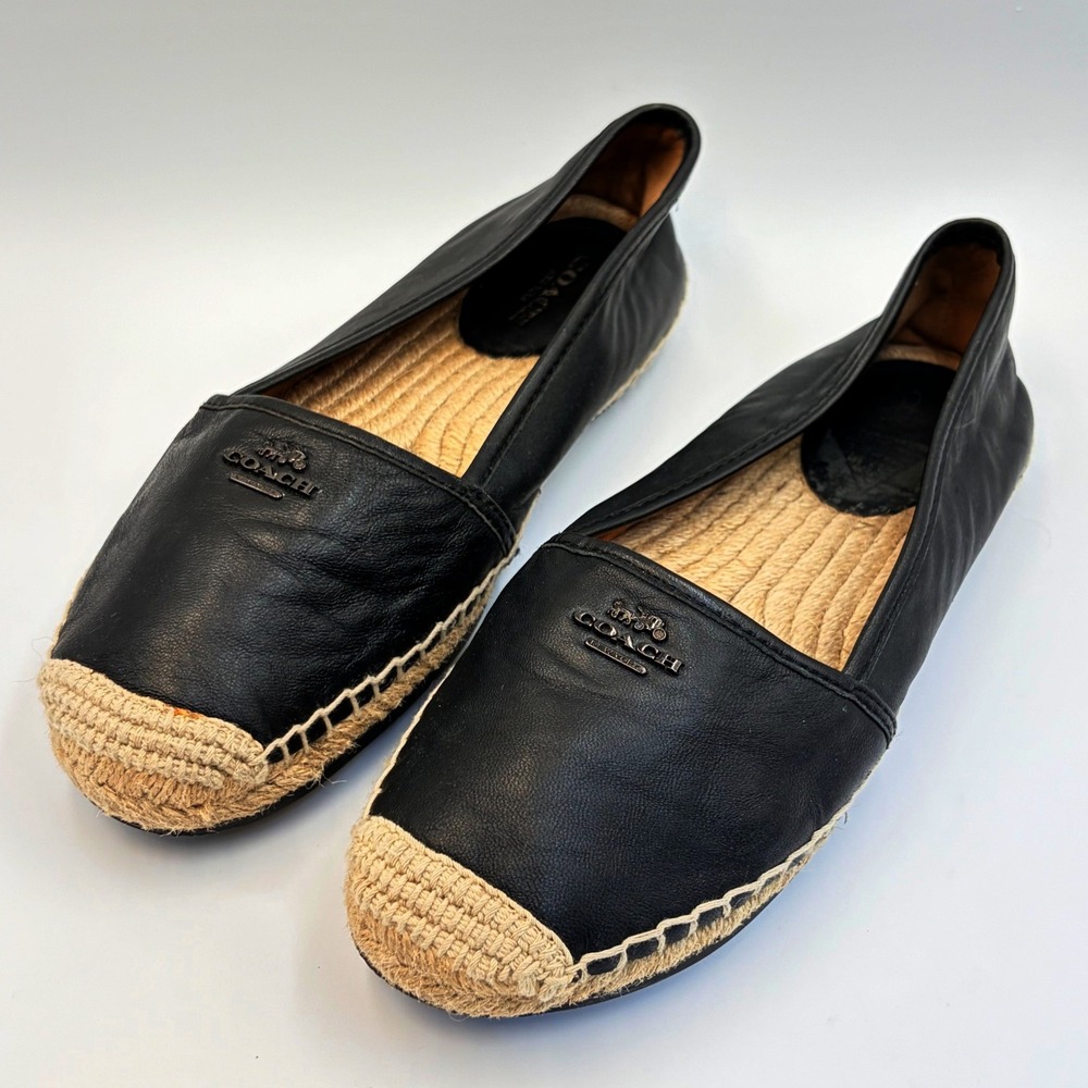 Coach Rhodelle Black Leather Soft Lambskin Espadrilles Woven Flats Womens 8B